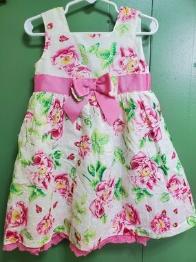 Blueberi Boulevard White Floral Dress with Pink Sash & Bow